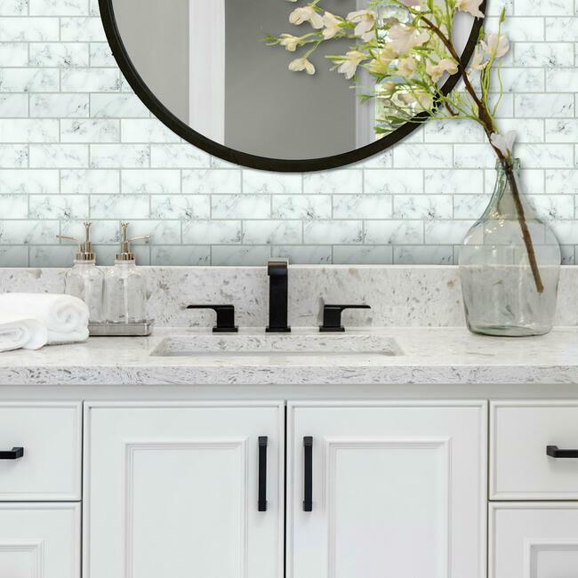 Carrara Marble Subway Peel and Stick Backsplash Peel and Stick Backsplash RoomMates   