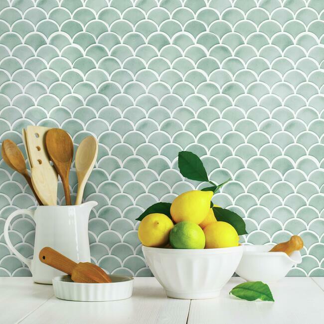 Aqua Scallop Peel and Stick Backsplash Peel and Stick Backsplash RoomMates   