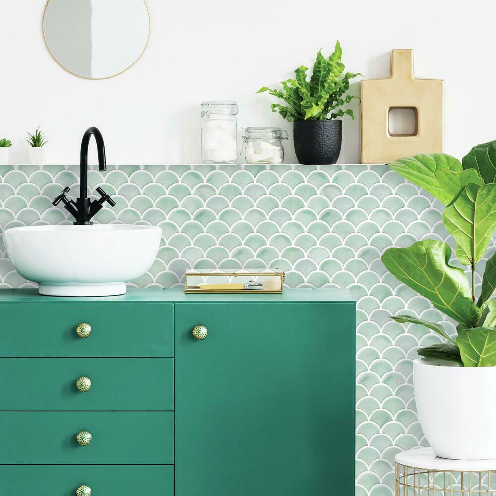 Aqua Scallop Peel and Stick Backsplash Peel and Stick Backsplash RoomMates   