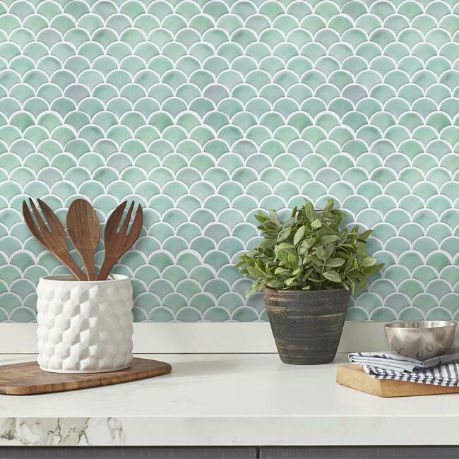 Aqua Scallop Peel and Stick Backsplash Peel and Stick Backsplash RoomMates   