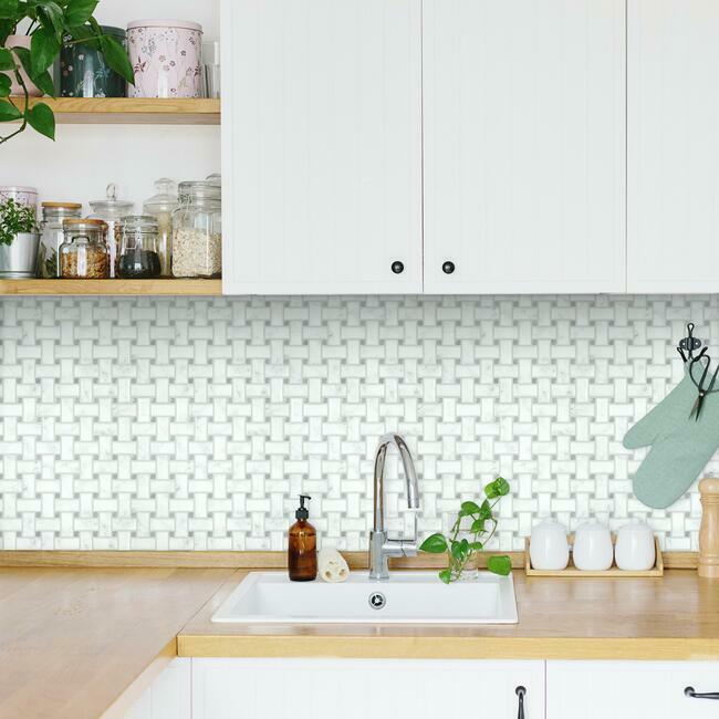 Basketweave Carrara Marble Peel and Stick Backsplash Peel and Stick Backsplash RoomMates   