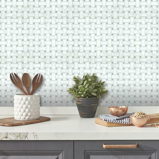 Basketweave Carrara Marble Peel and Stick Backsplash Peel and Stick Backsplash RoomMates   