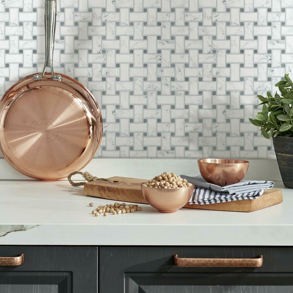 Basketweave Carrara Marble Peel and Stick Backsplash Peel and Stick Backsplash RoomMates   