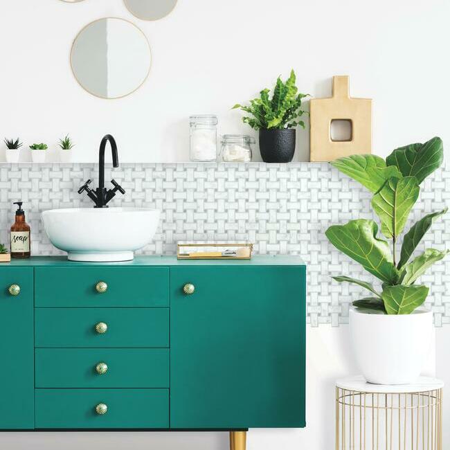 Basketweave Carrara Marble Peel and Stick Backsplash Peel and Stick Backsplash RoomMates   