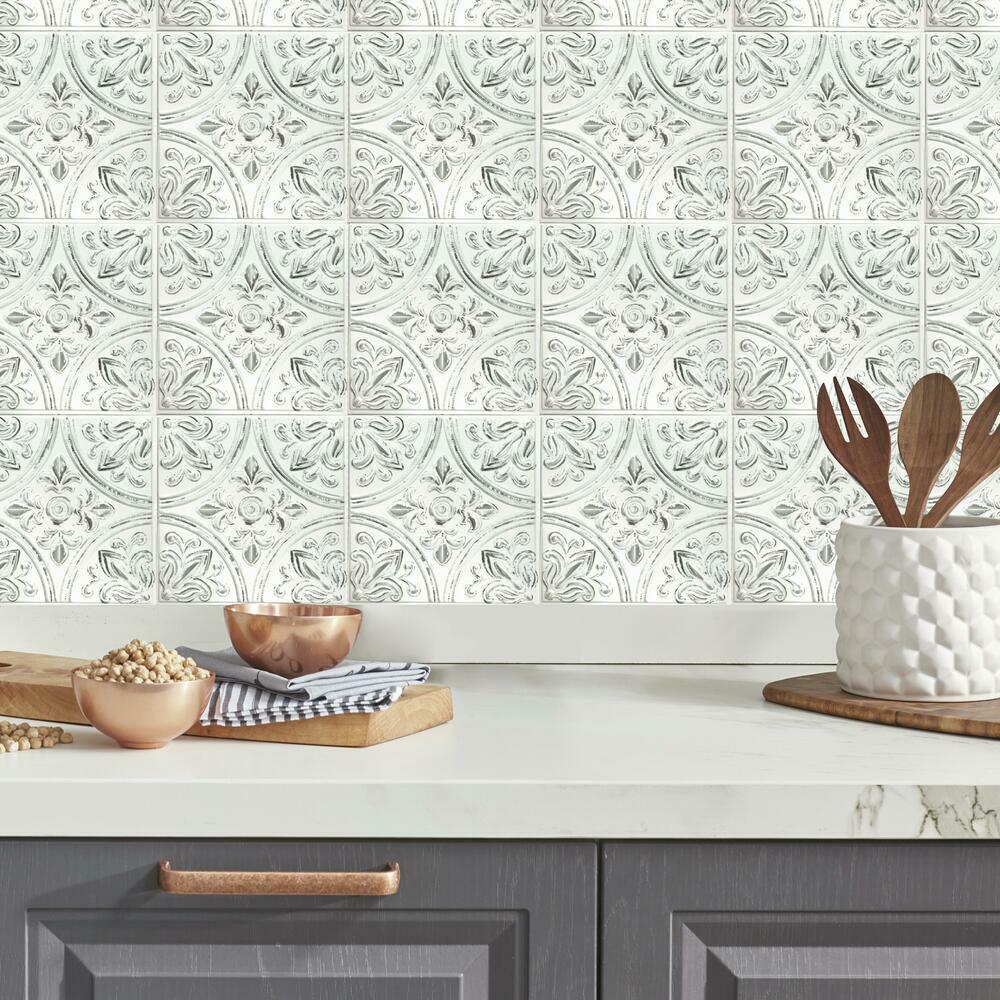 White Tin Peel and Stick Tile Backsplash Peel and Stick Backsplash RoomMates   