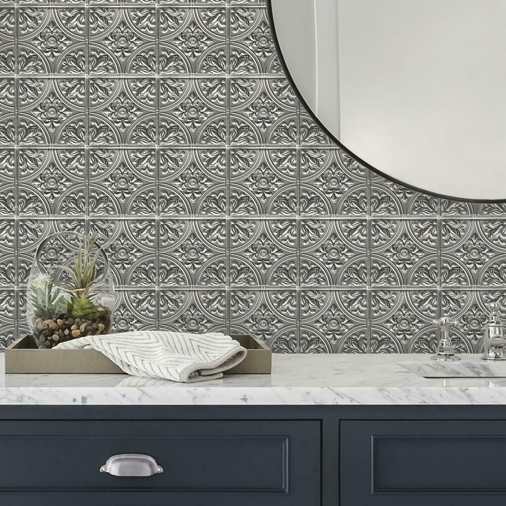 Silver Tin Peel and Stick Tile Backsplash Peel and Stick Backsplash RoomMates   