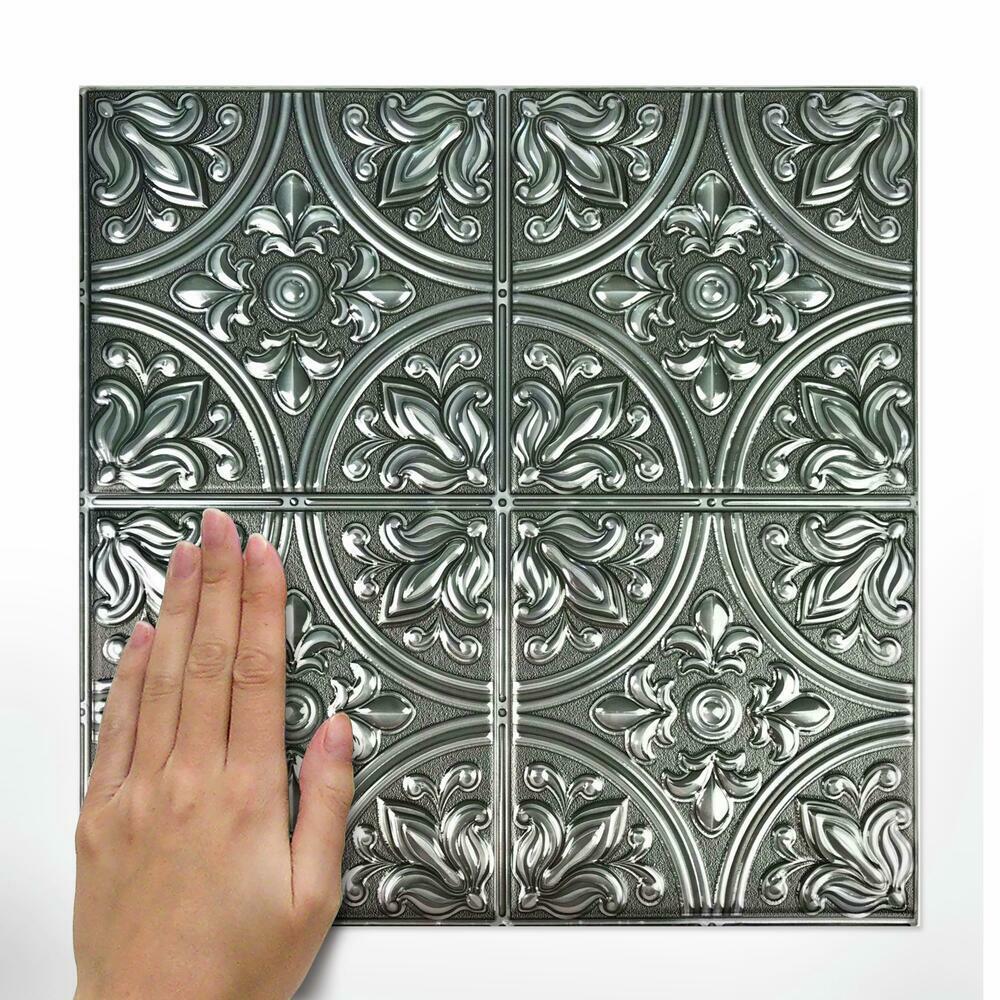 Silver Tin Peel and Stick Tile Backsplash Peel and Stick Backsplash RoomMates   