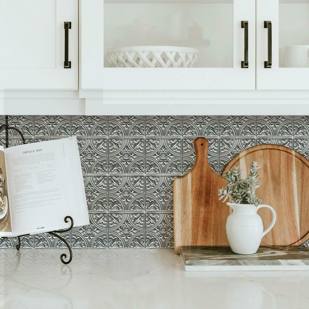 Silver Tin Peel and Stick Tile Backsplash Peel and Stick Backsplash RoomMates   