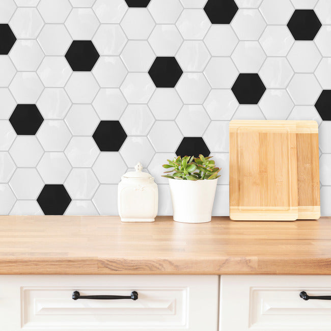 Black And White Large Hexagon Peel and Stick Backsplash Peel and Stick Backsplash RoomMates   