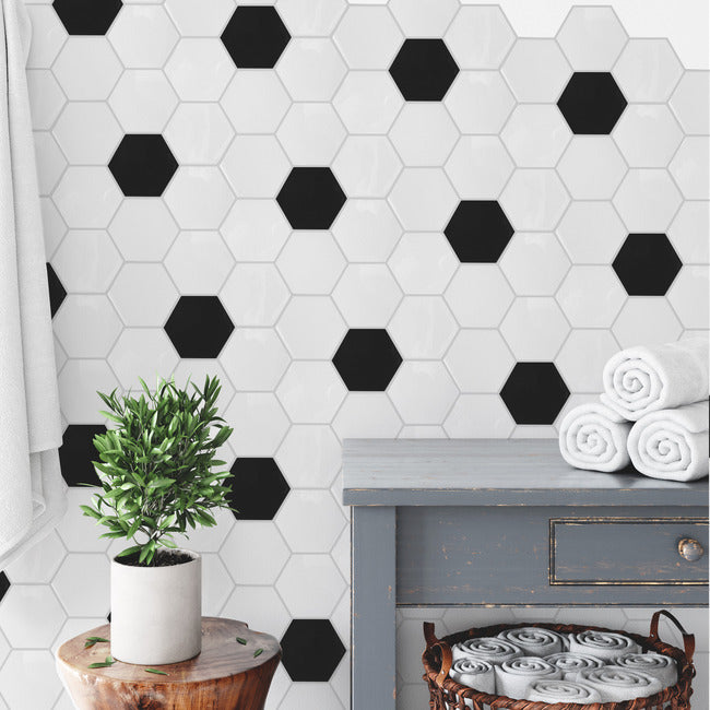 Black And White Large Hexagon Peel and Stick Backsplash Peel and Stick Backsplash RoomMates   