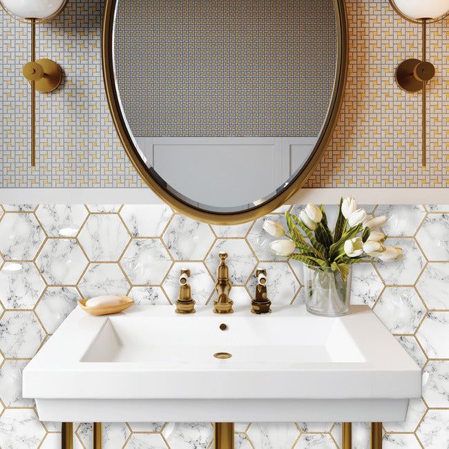 Cararra Marble And Gold Large Hexagon Peel and Stick Backsplash Peel and Stick Backsplash RoomMates   