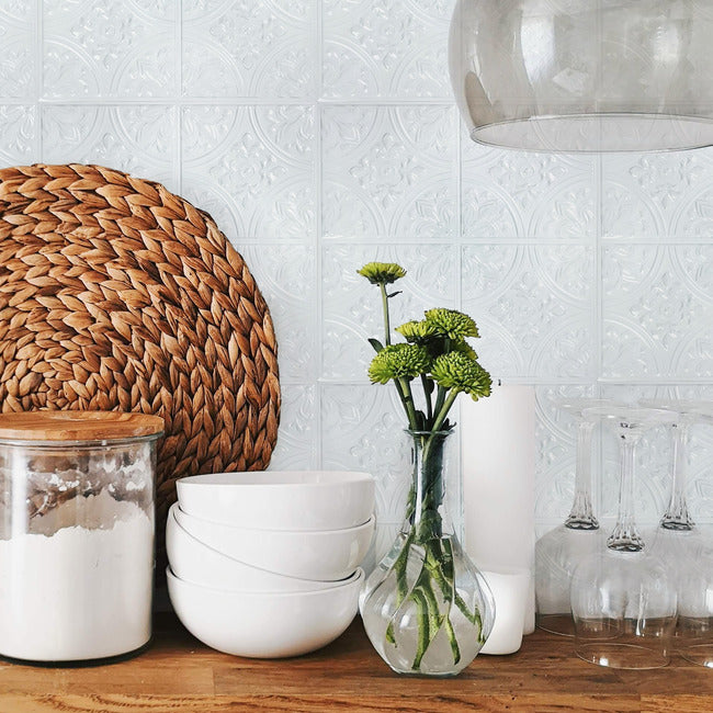 Bright White Tin Peel and Stick Tile Backsplash Peel and Stick Backsplash RoomMates   